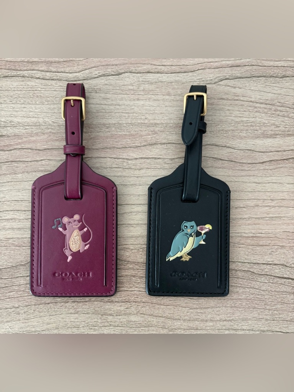 Coach Burgundy and Black Leather Luggage Tag Duo